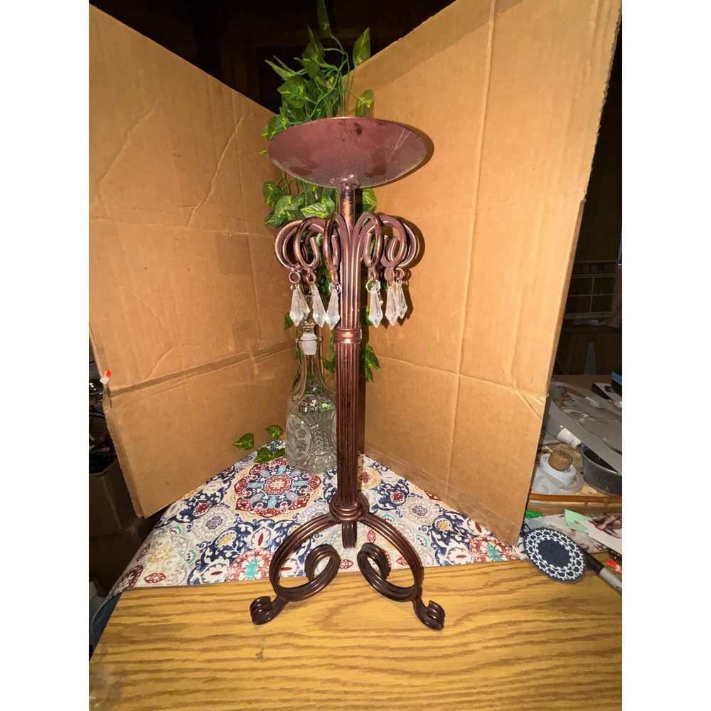Bronze Metal Pillar Candle Holder with Hanging Crystals Scrolled Tripod Base
